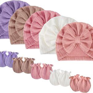 BQUBO Baby Turban Hats Mittens Set Baby Beanie Caps Infant Baby Hat with Bows No